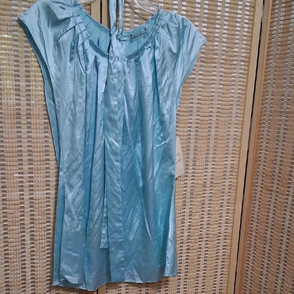 Tie-Neck Satin Cap-Sleeve Blouse in Light Blue